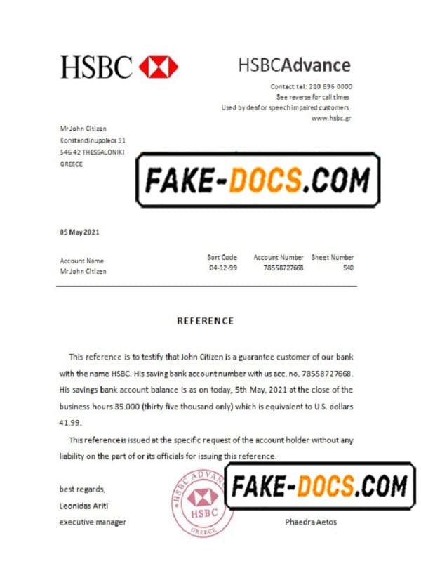Greece HSBC bank reference letter template in Word and PDF format ...