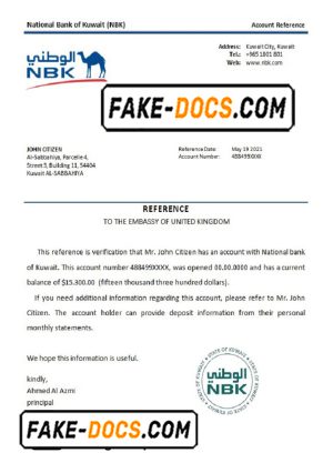 Kuwait National Bank of Kuwait bank account reference letter template in Word and PDF format