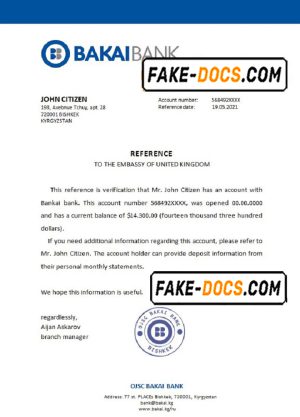 Kyrgyzstan OJSC Bakai Bank bank account reference letter template in Word and PDF format