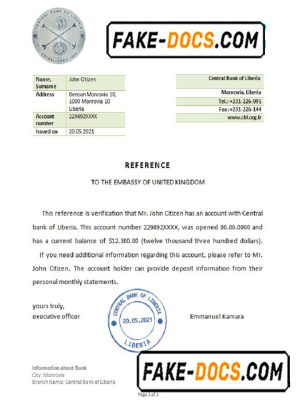Liberia Central Bank of Liberia bank reference letter template in Word and PDF format