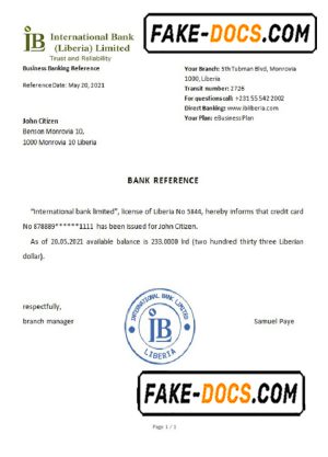 Liberia International Bank Limited bank reference letter template in Word and PDF format