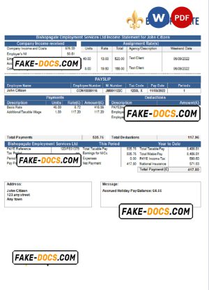 United Kingdom Bishopsgate payroll services company pay stub Word and PDF template