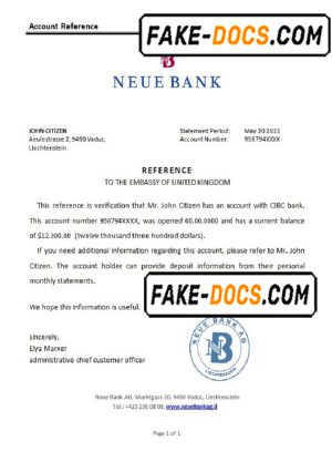 Liechtenstein Neue Bank bank reference letter template in Word and PDF format