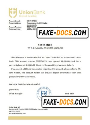 Liechtenstein Union Bank bank reference letter template in Word and PDF format