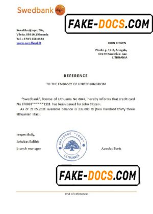 Lithuania Swedbank bank reference letter template in Word and PDF format