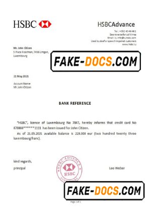 Luxembourg HSBC bank reference letter template in Word and PDF format