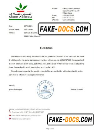 Morocco Credit Agricole bank reference letter template in Word and PDF format