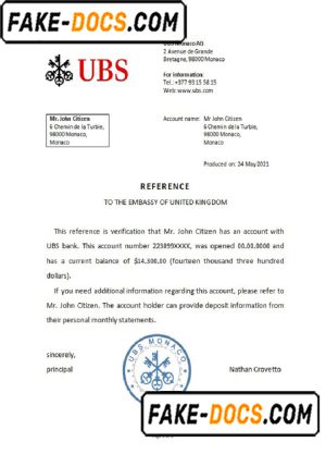Monaco UBS bank reference letter template in Word and PDF format