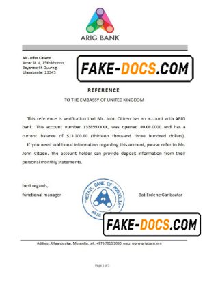 Mongolia Arig Bank bank reference letter template in Word and PDF format