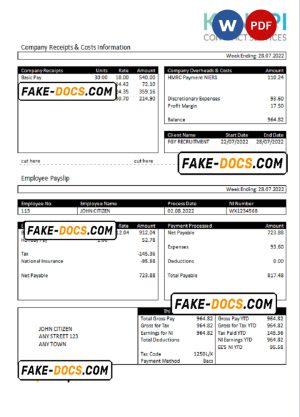 United Kingdom Kanopi Contract Services payroll company pay stub Word and PDF template