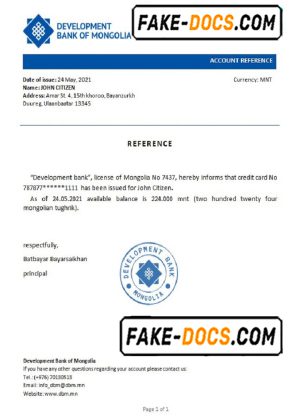 Mongolia Development Bank of Mongolia bank reference letter template in Word and PDF format