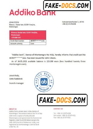 Montenegro Addiko Bank bank reference letter template in Word and PDF format