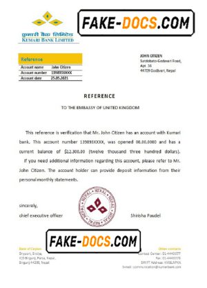Nepal Kumari Bank bank reference letter template in Word and PDF format
