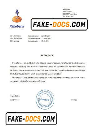 Netherlands Rabobank bank certificate template in Word and PDF format