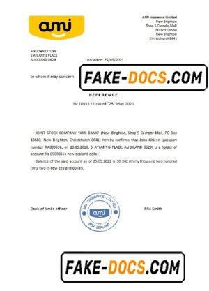 New Zealand Ami bank account reference letter template in Word and PDF format