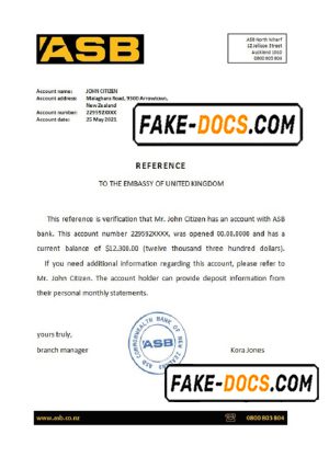 New Zealand ASB bank account reference letter template in Word and PDF format