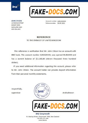 New Zealand BNZ bank account reference letter template in Word and PDF format