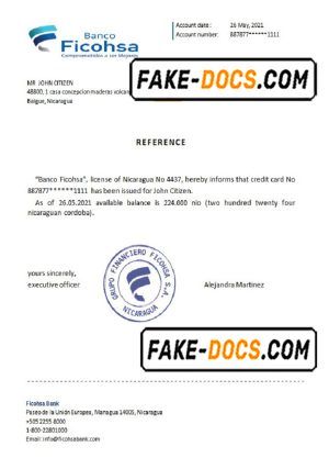 Nicaragua Banco Ficohsa bank account reference letter template in Word and PDF format