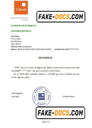 Nigeria GTBank bank account reference letter template in Word and PDF format