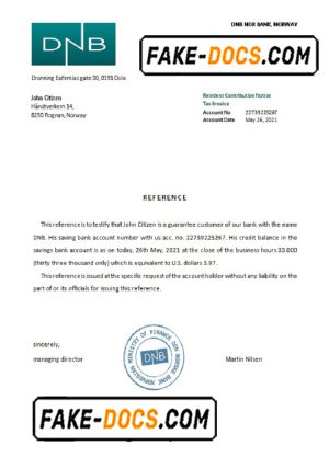 Norway DNB Nor Bank bank account reference letter template in Word and PDF format