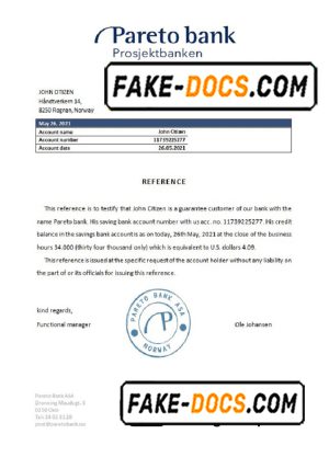 Norway Pareto Bank bank account reference letter template in Word and PDF format