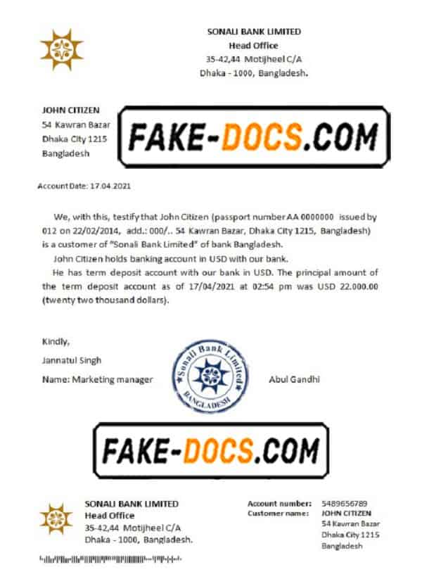 Bangladesh Sonali Bank bank account reference letter template in Word and PDF format