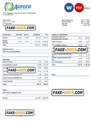 USA Aurora Specialty Textiles Group textile company pay stub Word and PDF template