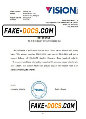 Paraguay Vision Banco bank account reference letter template in Word and PDF format