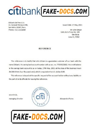 Peru Citibank bank account reference letter template in Word and PDF format