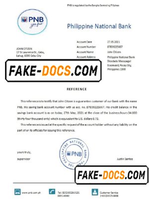 Philippines Philippine National Bank bank reference letter template in Word and PDF format