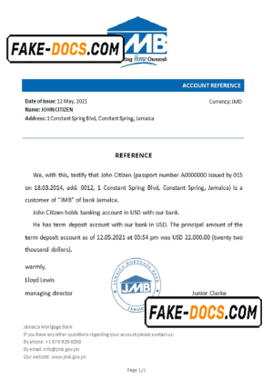Jamaica Mortgage bank account reference letter template in Word and PDF format