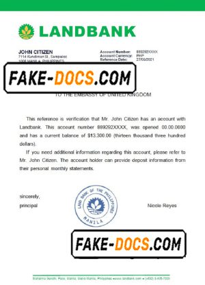 Philippines Landbank bank reference letter template in Word and PDF format