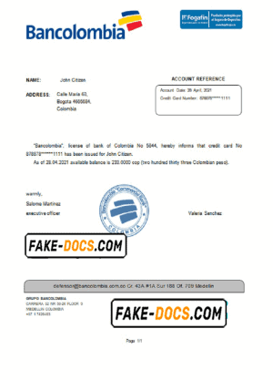 Colombia Bancolombia bank account reference letter template in Word and PDF format