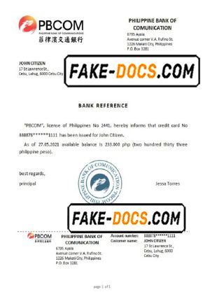 Philippines Pilippine Bank of Comunication bank reference letter template in Word and PDF format