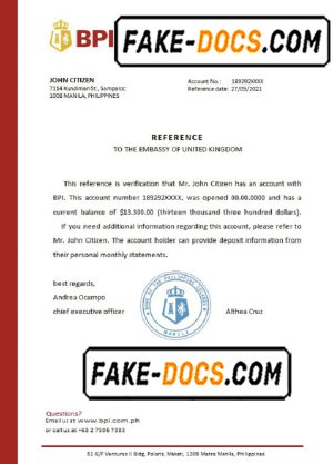 Philippines BPI bank reference letter template in Word and PDF format