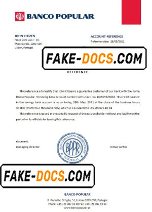 Portugal Banco Popular bank account reference letter template in Word and PDF format