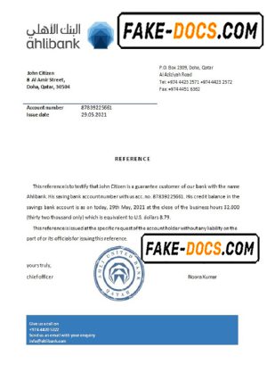 Qatar Ahlibank bank account reference letter template in Word and PDF format