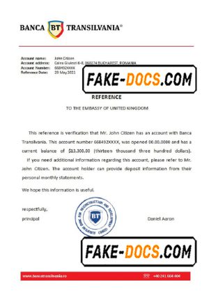 Romania Banca Transilvania bank account reference letter template in Word and PDF format