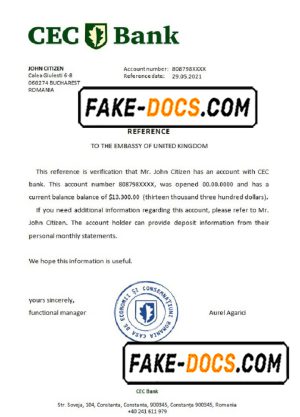 Romania CEC Bank bank account reference letter template in Word and PDF format