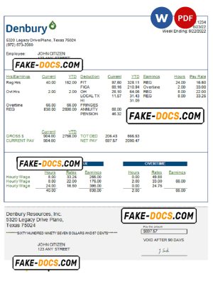 USA Denbury Resources Inc. oil & gas company pay stub Word and PDF template