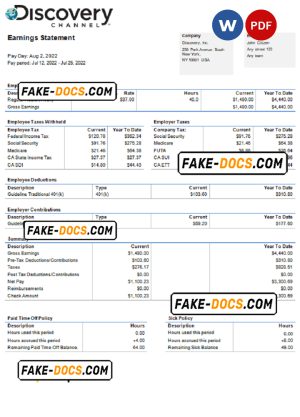 USA Discovery Inc. entertainment company pay stub Word and PDF template