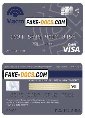 Argentina Banco Macro S.A. bank visa card debit card template in PSD format, fully editable