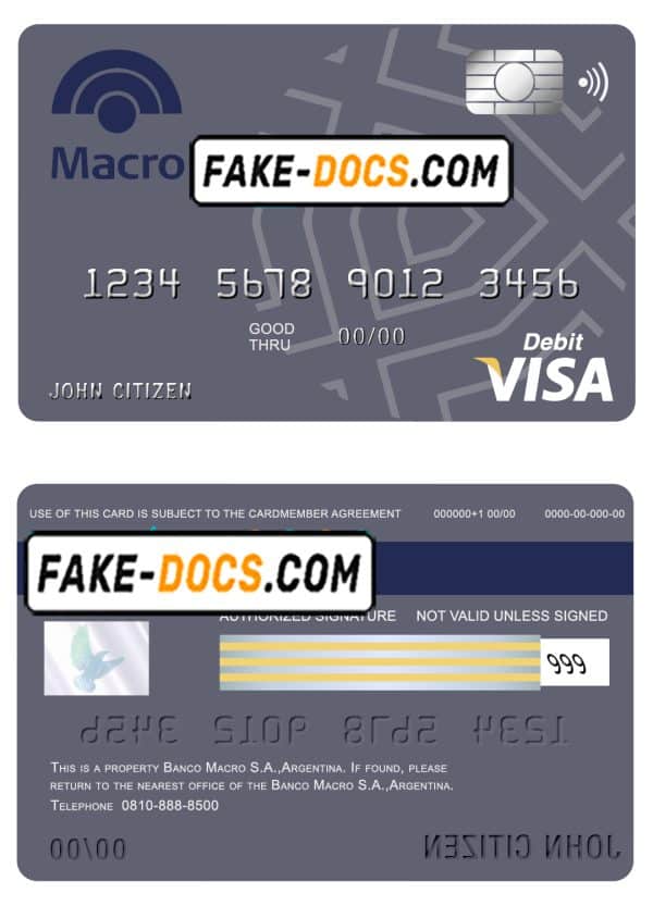 Argentina Banco Macro S.A. bank visa card debit card template in PSD format, fully editable