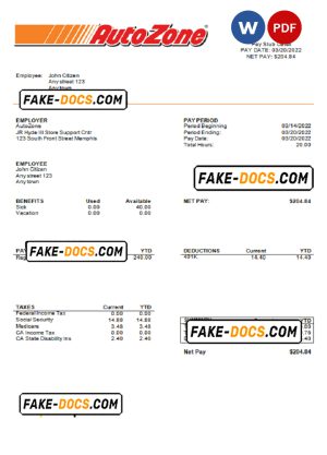 USA Auto Zone auto retailer company pay stub Word and PDF template