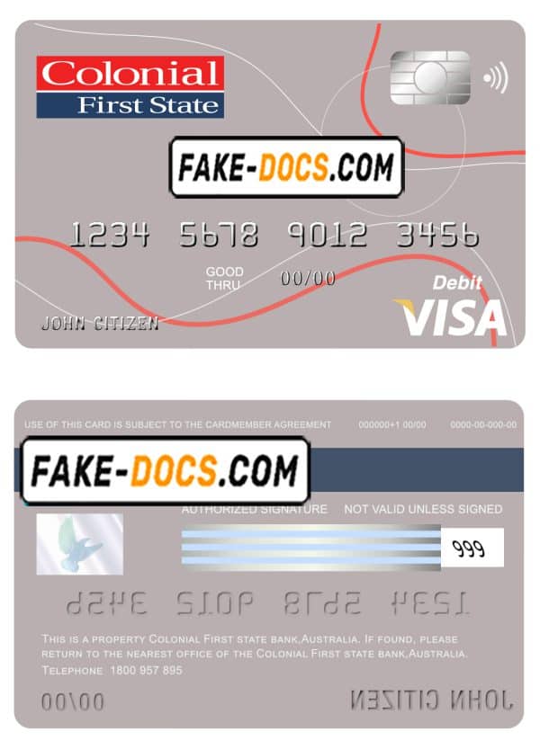 Australia Colonial First State Bank visa card debit template in PSD format, fully editable