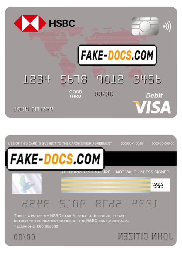 Australia HSBC bank visa card debit card template in PSD format, fully editable