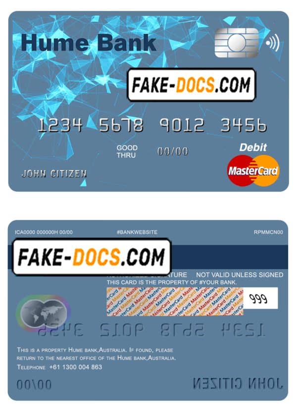 Australia Humebank bank mastercard debit card template in PSD format, fully editable