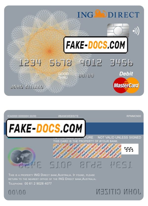 Australia ING Direct bank mastercard debit card template in PSD format, fully editable