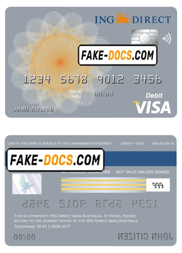 Australia ING Direct bank visa card debit card template in PSD format, fully editable
