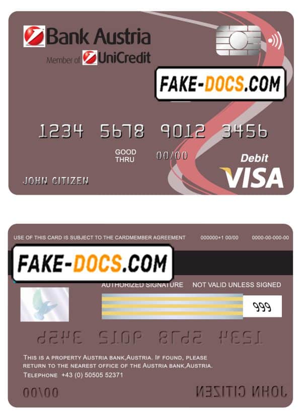 Austria Bank Austria visa card debit card template in PSD format, fully editable